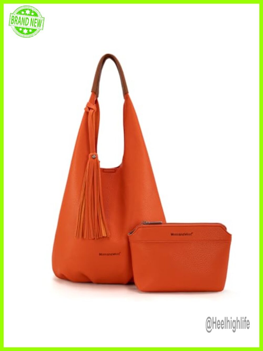 Hobo Bag Set with Tassels Faux Leather Slouchy Shoulder Bag and Cosmetic Pouch